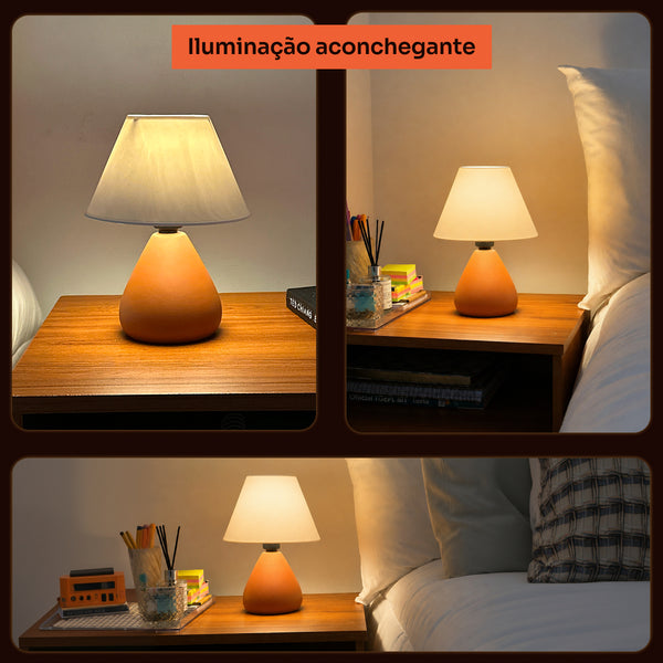 Abajur gota terracota com cúpula de plástico aceso no quarto, iluminação aconchegante #terracota #plástico