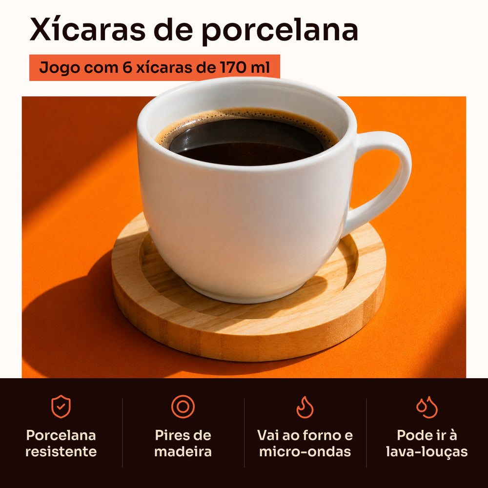 Jogo 6 xícaras brancas de porcelana 170 ml com pires de madeira Pratelar