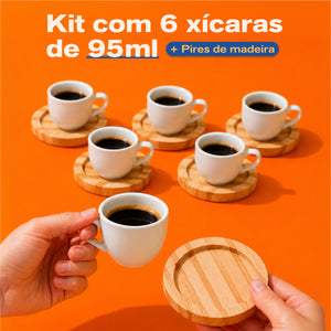 Kit com 6 xícaras de 95 ml e pires de madeira