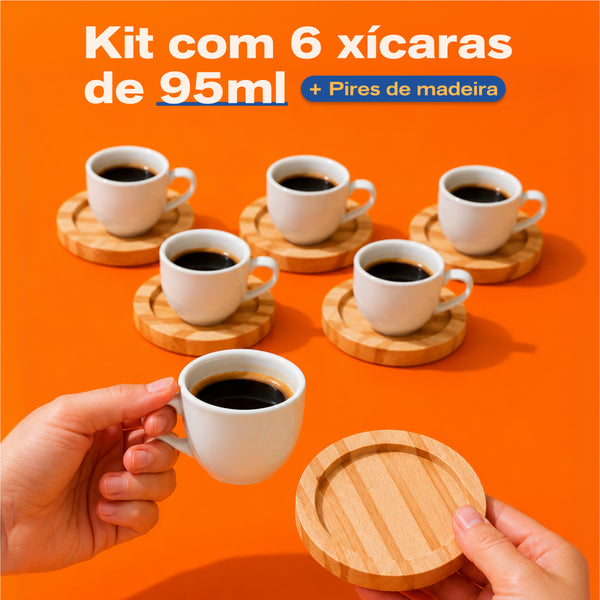 Kit com 6 xícaras de 95 ml e pires de madeira
