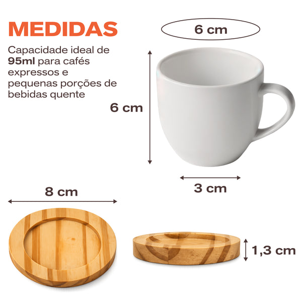 Medidas da xícara de 95 ml e do pires de madeira