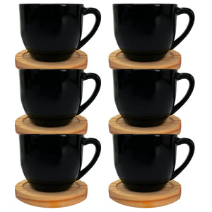 Jogo 6 xícaras pretas de porcelana 170 ml com pires de madeira Pratelar