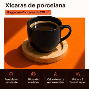 Xícara preta de porcelana 170 ml: porcelana resistente, pires de madeira, vai ao forno, micro-ondas e lava-louças