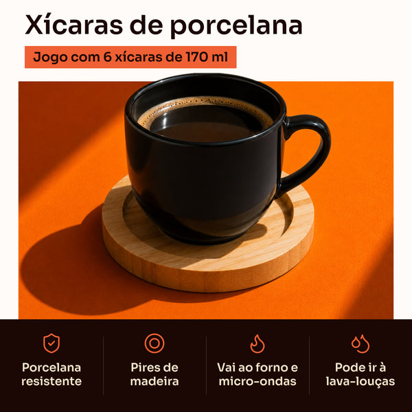 Xícara preta de porcelana 170 ml: porcelana resistente, pires de madeira, vai ao forno, micro-ondas e lava-louças