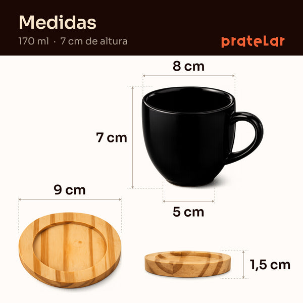 Medidas da xícara de porcelana 170 ml: 8 cm de boca, 7 cm de altura, pires de 9 cm