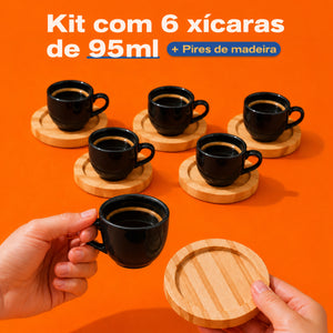 Kit com 6 xícaras pretas de 95 ml e pires de madeira
