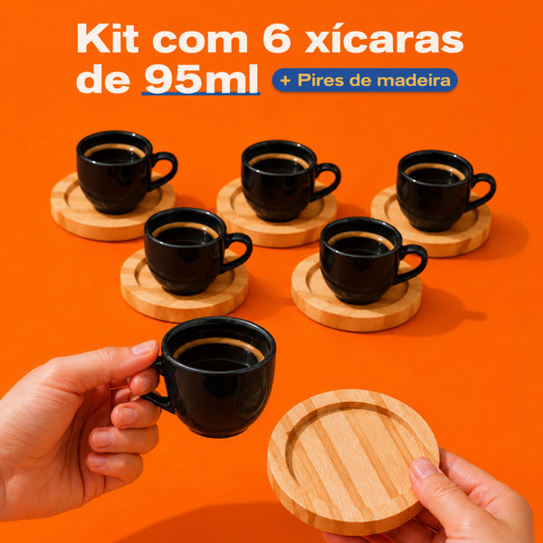 Kit com 6 xícaras pretas de 95 ml e pires de madeira