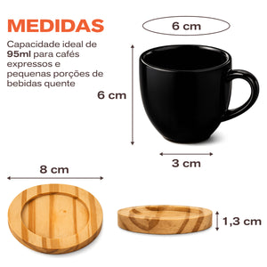 Medidas da xícara preta de 95 ml e do pires de madeira