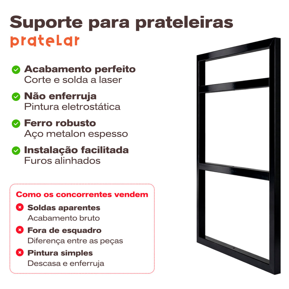 Par de suportes de ferro pretos para prateleira tripla 24x63 cm