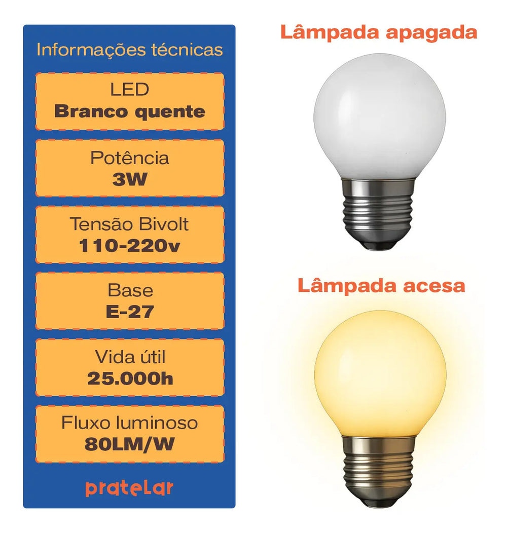 Lâmpada bolinha LED G45 3W branco quente