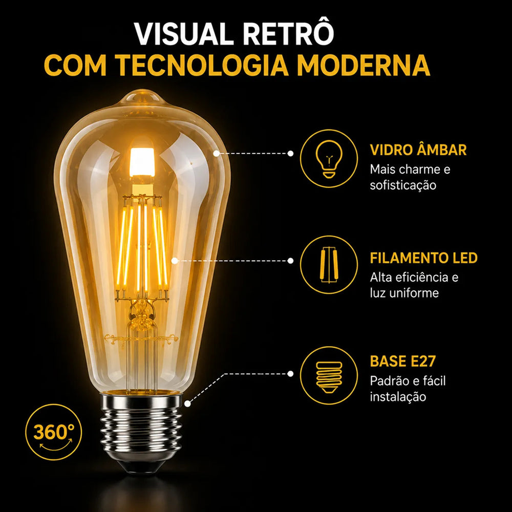 Lâmpada de filamento LED retrô ST64 âmbar