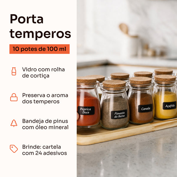 Porta temperos 10 potes de 100 ml: vidro com rolha de cortiça, bandeja de pinus e brinde de adesivos #10