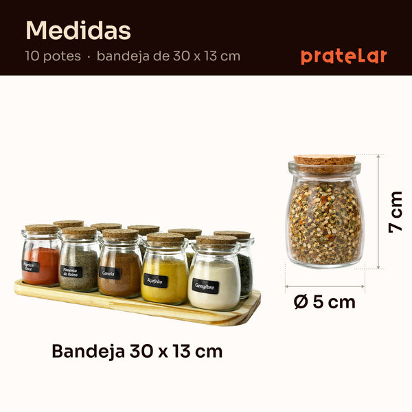 Medidas do porta temperos 10 potes: bandeja de 30 x 13 cm, pote de 7 cm de altura #10