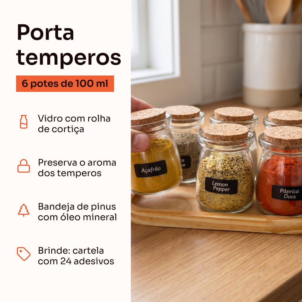 Porta temperos com 6 potes de vidro com rolha e bandeja de madeira Pratelar #6