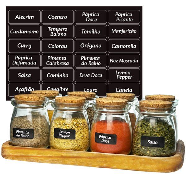 Porta temperos com 8 potes de vidro com rolha e bandeja de madeira Pratelar #8