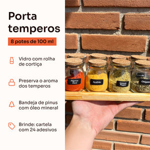 Porta temperos 8 potes de 100 ml: vidro com rolha de cortiça, bandeja de pinus e brinde de adesivos #8