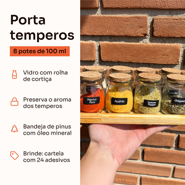 Porta temperos 8 potes de 100 ml: vidro com rolha de cortiça, bandeja de pinus e brinde de adesivos #8