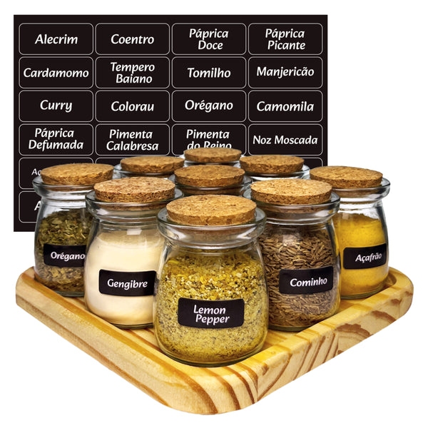 Porta temperos com 9 potes de vidro com rolha e bandeja de madeira Pratelar #9