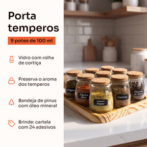 Porta temperos 9 potes de 100 ml: vidro com rolha de cortiça, bandeja de pinus e brinde de adesivos #9