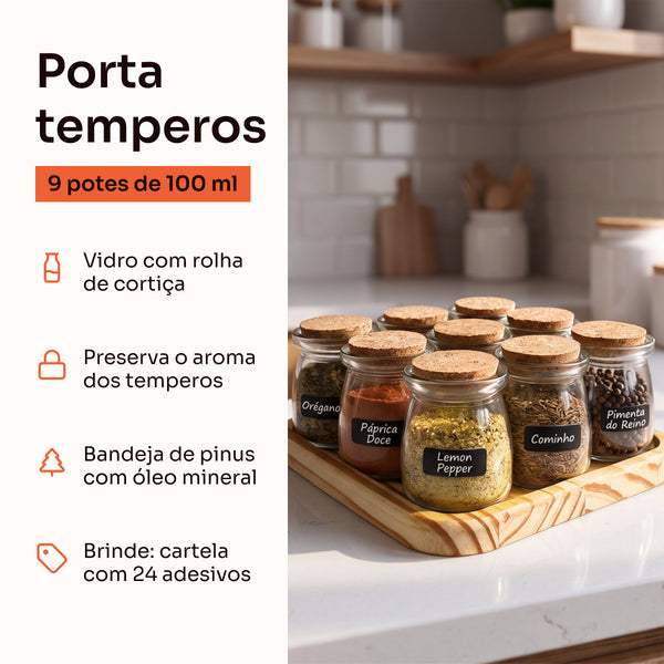 Porta temperos 9 potes de 100 ml: vidro com rolha de cortiça, bandeja de pinus e brinde de adesivos #9