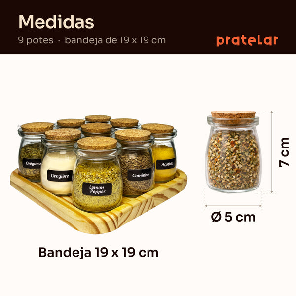 Medidas do porta temperos 9 potes: bandeja de 19 x 19 cm, pote de 7 cm de altura #9