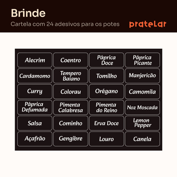Brinde: cartela com 24 adesivos para os potes de tempero