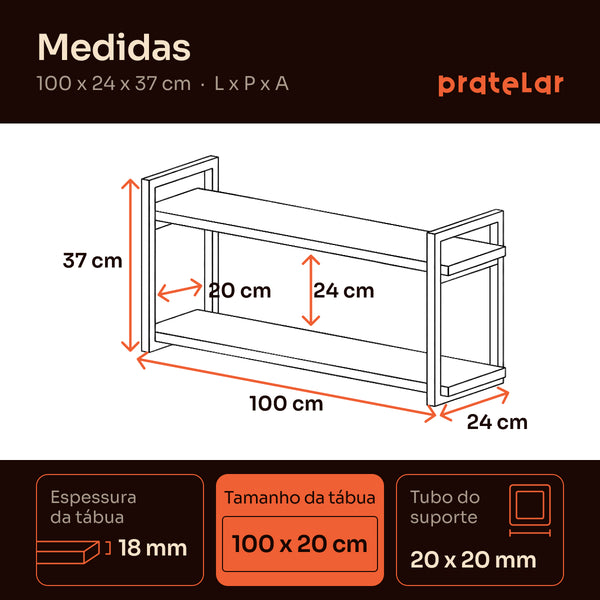 Medidas da prateleira dupla industrial 100x20 cm: 100 x 24 x 37 cm, tábuas 100 x 20 cm #100x20cm