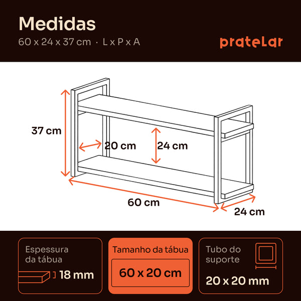 Medidas da prateleira dupla industrial 60x20 cm: 60 x 24 x 37 cm, tábuas 60 x 20 cm #60x20cm