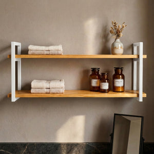 Prateleira dupla industrial branca 100x20 cm decorando ambiente #100x20cm #branco