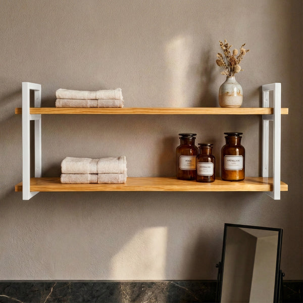Prateleira dupla industrial branca 100x20 cm decorando ambiente #100x20cm #branco