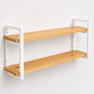 Prateleira dupla industrial branca 100x20 cm, ferro metalon e tábuas de pinus, Pratelar #100x20cm #branco