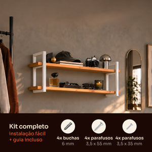 Kit de instalação da prateleira dupla industrial branca 100x20 cm com buchas, parafusos e guia #100x20cm #branco