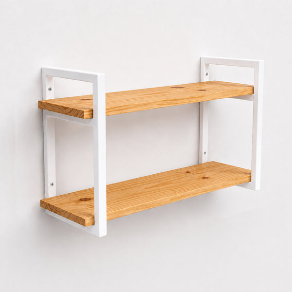 Prateleira dupla industrial branca 60x20 cm, ferro metalon e tábuas de pinus, Pratelar #60x20cm #branco