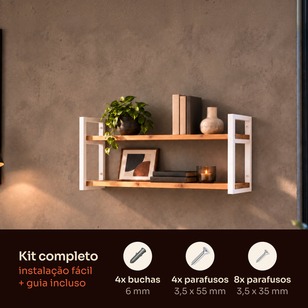 Kit de instalação da prateleira dupla industrial branca 80x20 cm com buchas, parafusos e guia #80x20cm #branco