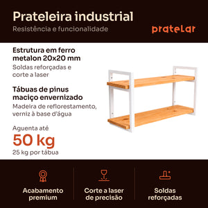 Prateleira dupla industrial branca: estrutura em metalon 20x20 mm, tábuas de pinus, aguenta 50 kg #60x20cm|80x20cm|100x20cm|120x20cm #branco
