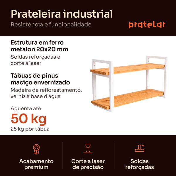 Prateleira dupla industrial branca: estrutura em metalon 20x20 mm, tábuas de pinus, aguenta 50 kg #60x20cm|80x20cm|100x20cm|120x20cm #branco