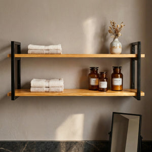 Prateleira dupla industrial preta 100x20 cm decorando ambiente #100x20cm #preto