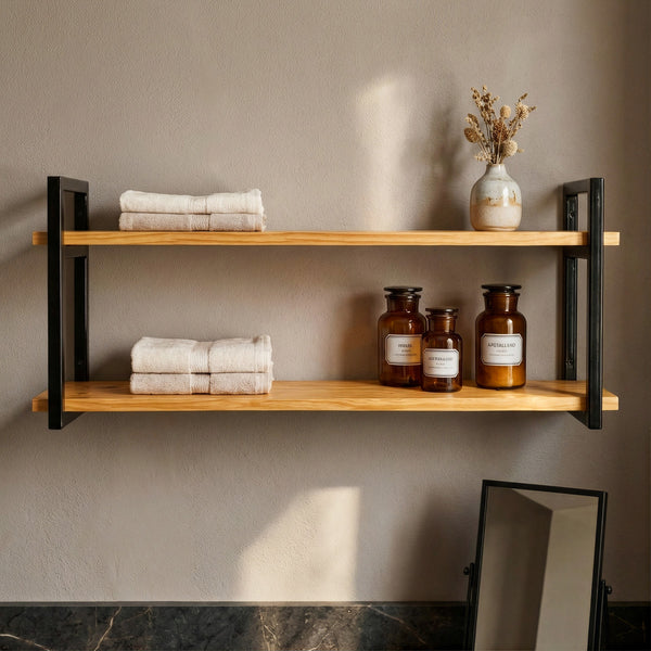 Prateleira dupla industrial preta 100x20 cm decorando ambiente #100x20cm #preto
