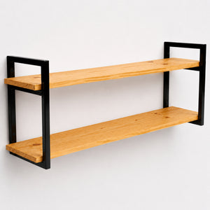 Prateleira dupla industrial preta 100x20 cm, ferro metalon e tábuas de pinus, Pratelar #100x20cm #preto