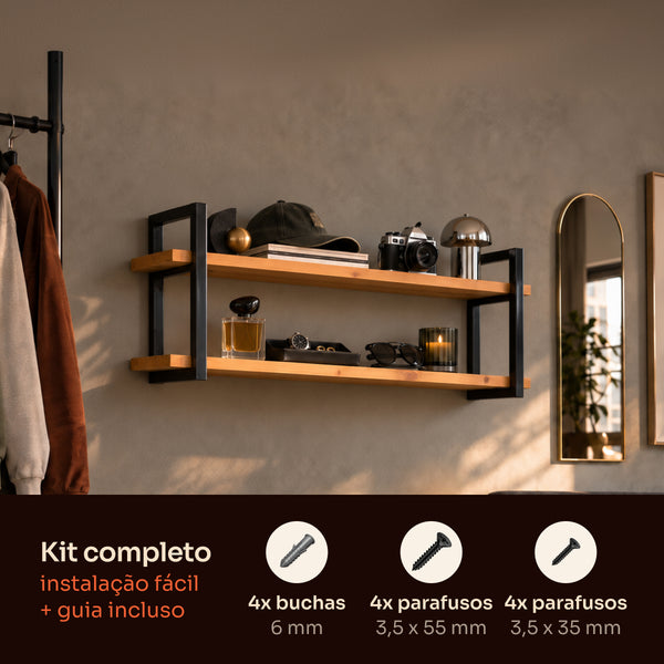 Kit de instalação da prateleira dupla industrial preta 100x20 cm com buchas, parafusos e guia #100x20cm #preto