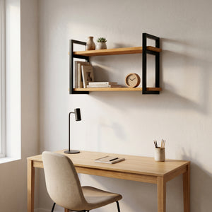 Prateleira dupla industrial preta 60x20 cm decorando ambiente #60x20cm #preto