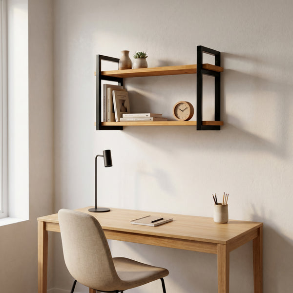 Prateleira dupla industrial preta 60x20 cm decorando ambiente #60x20cm #preto