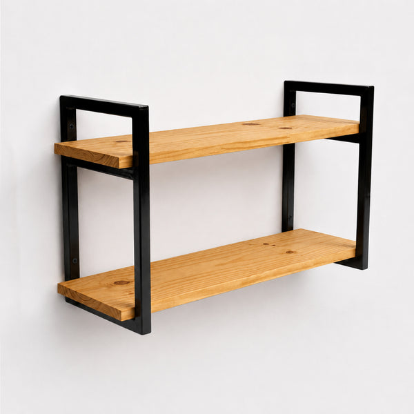 Prateleira dupla industrial preta 60x20 cm, ferro metalon e tábuas de pinus, Pratelar #60x20cm #preto