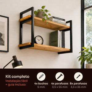 Kit de instalação da prateleira dupla industrial preta 60x20 cm com buchas, parafusos e guia #60x20cm #preto