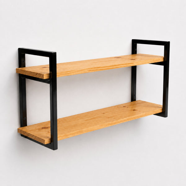 Prateleira dupla industrial preta 80x20 cm, ferro metalon e tábuas de pinus, Pratelar #80x20cm #preto