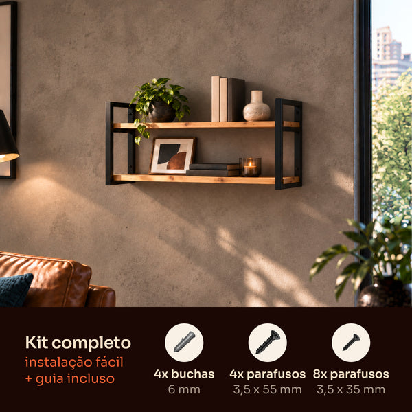 Kit de instalação da prateleira dupla industrial preta 80x20 cm com buchas, parafusos e guia #80x20cm #preto