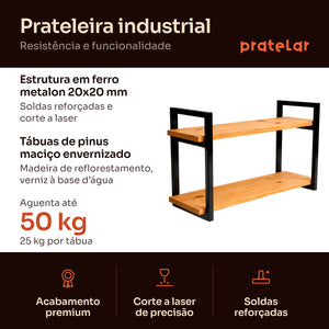 Prateleira dupla industrial preta: estrutura em metalon 20x20 mm, tábuas de pinus, aguenta 50 kg #60x20cm|80x20cm|100x20cm|120x20cm #preto