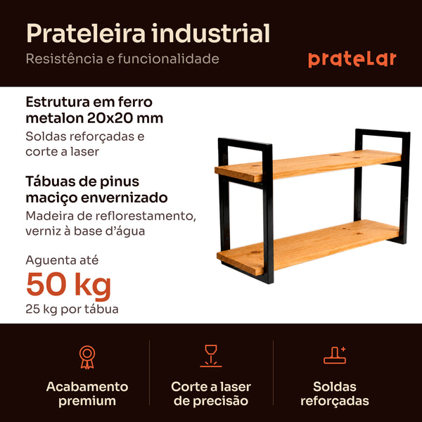 Prateleira dupla industrial preta: estrutura em metalon 20x20 mm, tábuas de pinus, aguenta 50 kg #60x20cm|80x20cm|100x20cm|120x20cm #preto