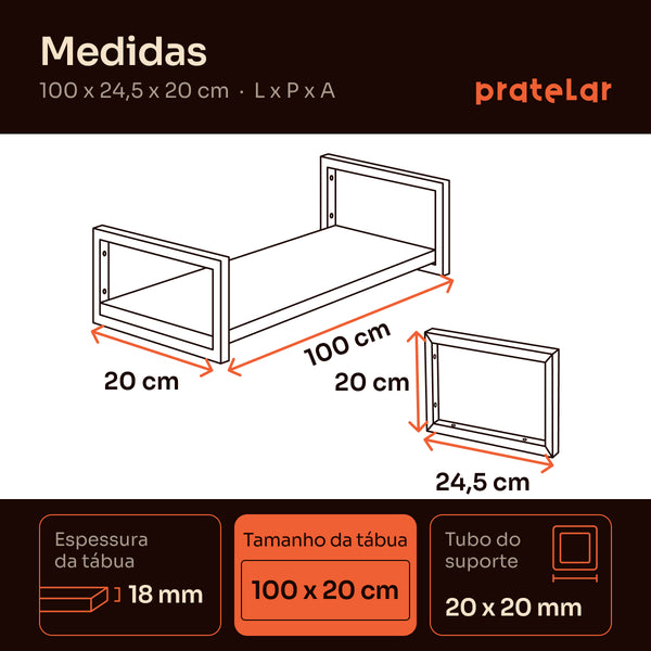 Medidas da prateleira industrial 100x20 cm: 100 x 24,5 x 20 cm, tábua 100 x 20 cm #100x20cm