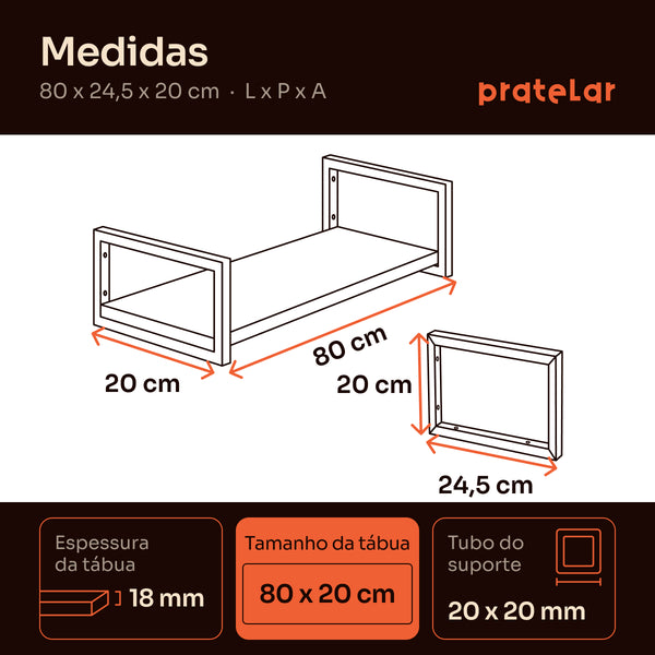 Medidas da prateleira industrial 80x20 cm: 80 x 24,5 x 20 cm, tábua 80 x 20 cm #80x20cm